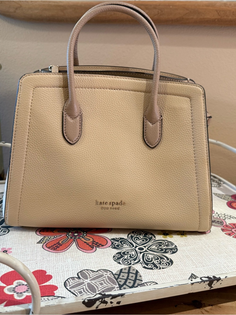 kate spade Beige Pebbled Leather Small Satchel with Dual Top Handles